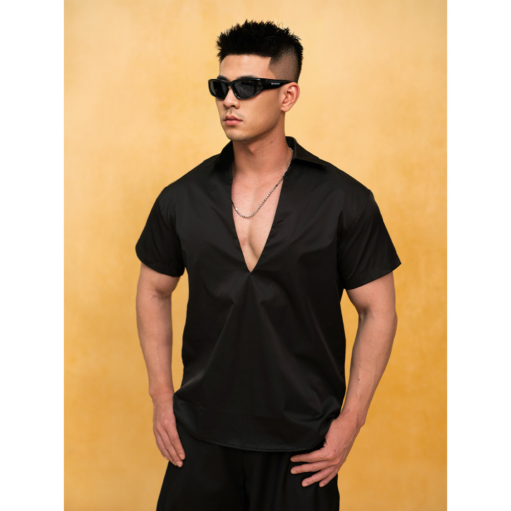 CLP Preto Branco Profundo Decote Em V Manga Curta Pulôver Camisa Camiseta Lapela Solta Top Casual Retro Moda Camisa Simp