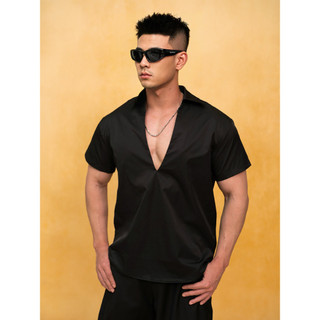 CLP Preto Branco Profundo Decote Em V Manga Curta Pulôver Camisa Camiseta Lapela Solta Top Casual Retro Moda Camisa Simp