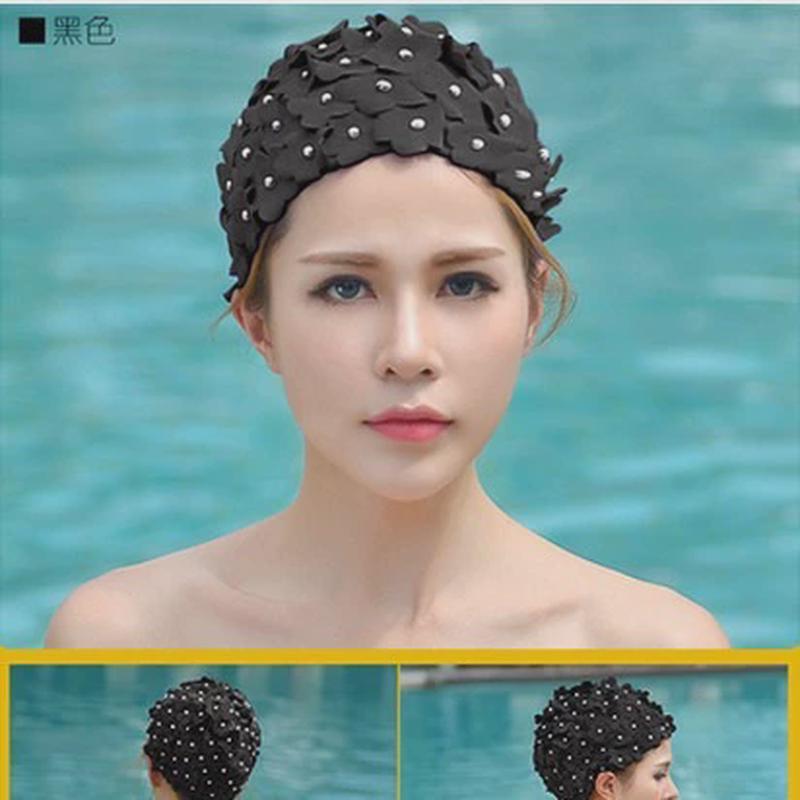 Novo estilo puro costurado à mão pérola tridimensional pétala touca de natação longo cabelo curto primavera quente femin