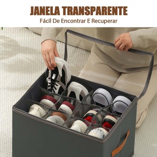Caixa Organizadora 6 Pares de Sapato Dobrável com Tampa Transparente e Divisórias,43x32x3…