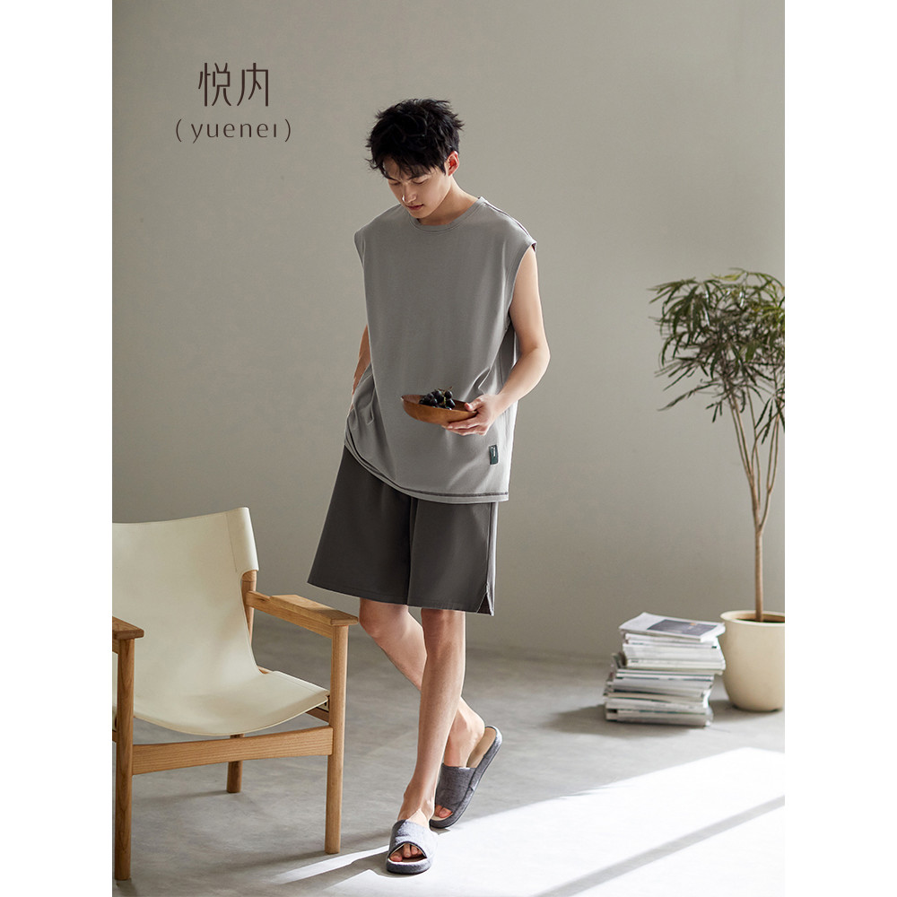 Yue pijamas internos masculinos verão verão verão puro algodão sem mangas colete Shorts Loungewear masculino Casual tama