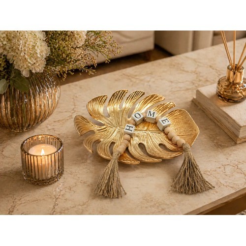 Kit Bandeja Centro Mesa Decorativa Folha Decoração Colar 50c Dourado