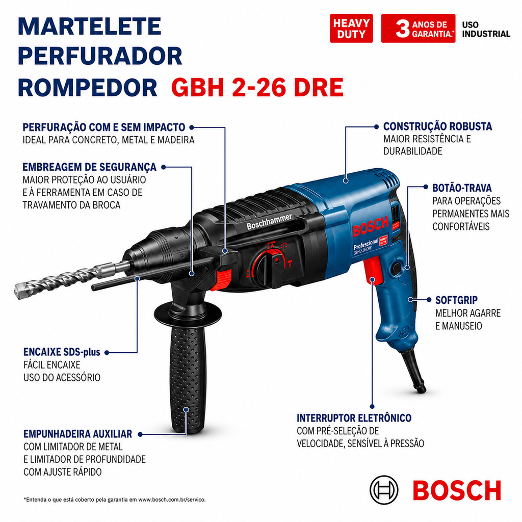 Martelete Perfurador GBH 2-26 DRE Bosch Rompedor SDS-Plus 800W com Maleta