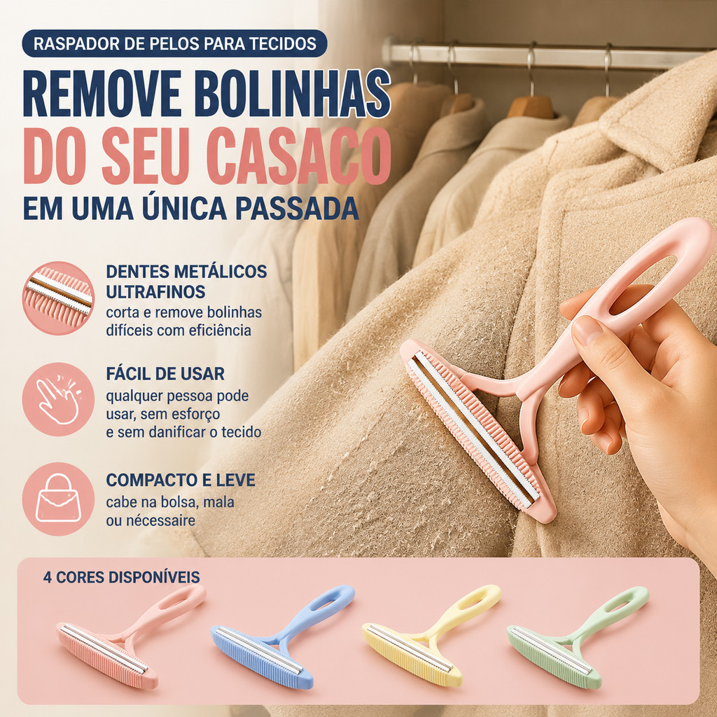 Removedor de Bolinhas Escova Manual Tira Fiapos Pelos de Roupas Sofá Paletó Tapetes Estofados Dupla Face Reutilizável