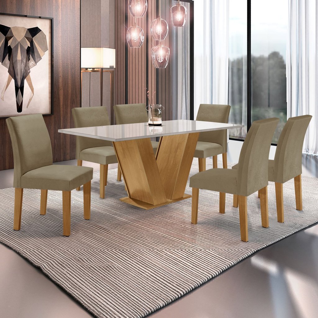 Conjunto Sala de Jantar Mesa 6 Cadeiras Tampo de Vidro Espanha Yescasa Marrom Cinamomo/Off White/Bege Ype/Off