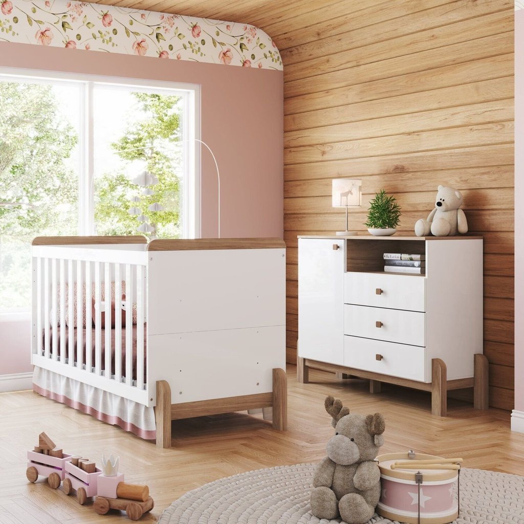 Conjunto Quarto de Bebê Berço 2 em 1 e Cômoda Yuri Branco/Jequitibá HP Berço/Cômoda