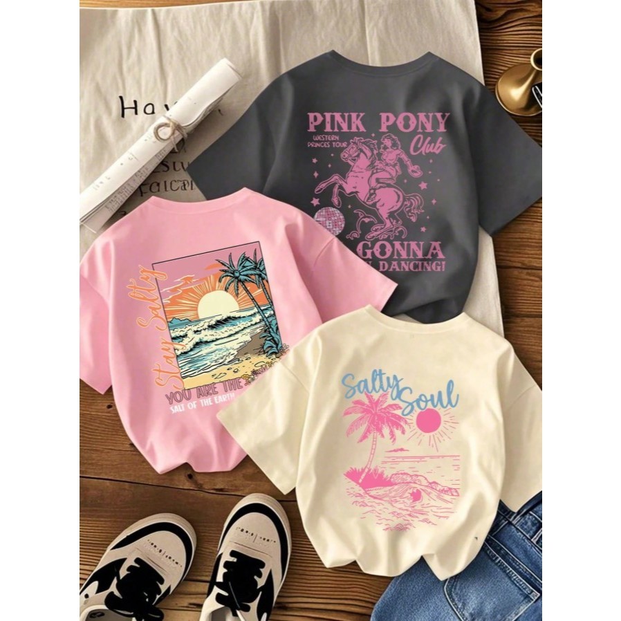 Kit 3 Camiseta Feminina Infantil T-shirt Básica Casual 100% Algodão Estampado Para Meninas Estilosa Lançamento
