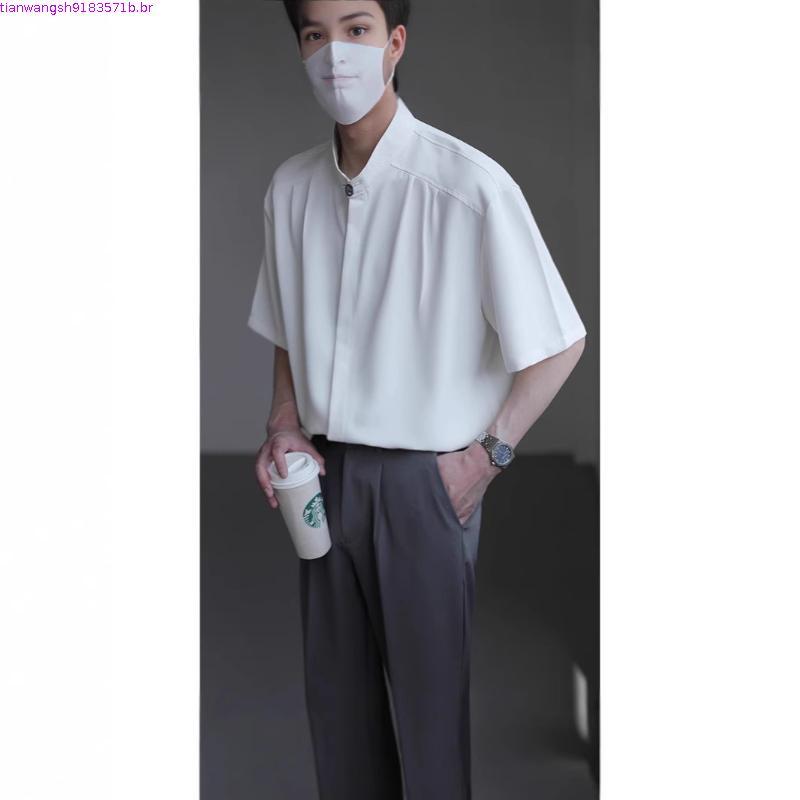 ZPZ High-End Drape novo estilo chinês gola alta csa de manga curta masculina verão meia manga topo na moda assim