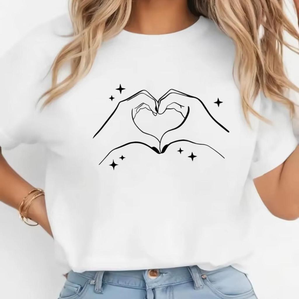 Camiseta Feminina Coração e Estrela 100% Algodão Premium Manga Curta Casual Confortável