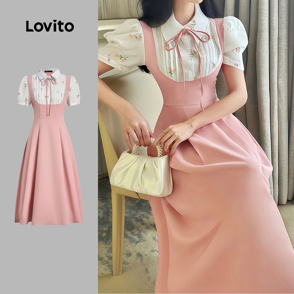 Lovito Vestido Midi Casual Rosa Com Mangas Bufantes Gola Com Laço E Amarração Fr
