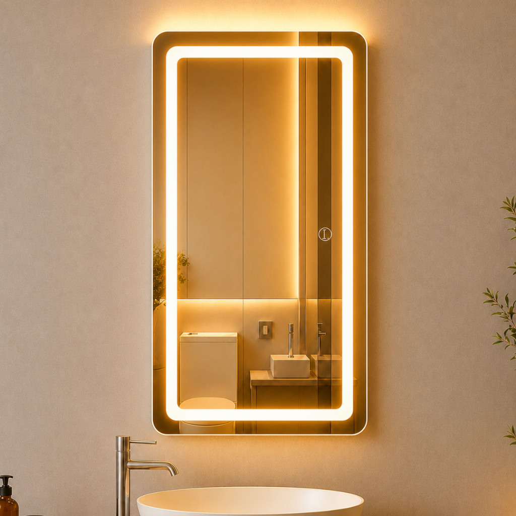 Espelho Lopazzi Grande Lapidado 90x50 Com 3 Cores de Led Jateado Bi Volt (Quente, Neutro e Frio) Decoração Premium
