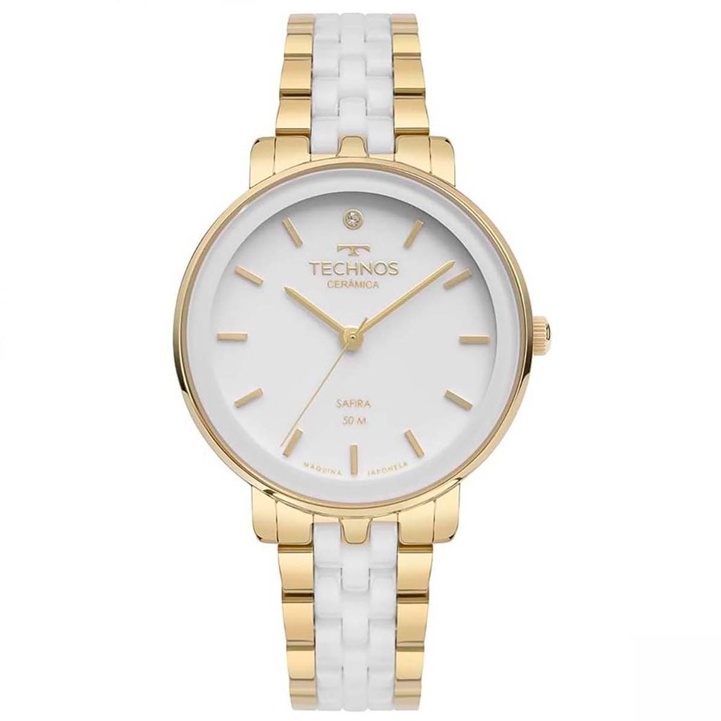 Relógio Technos Feminino Original Cerâmica Safira Branco 2035MZL/1B + Kit Colar e Brincos