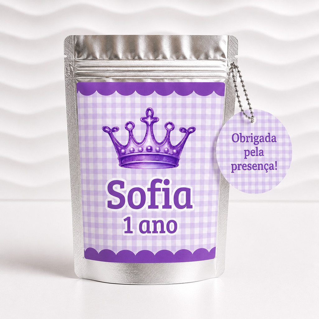 Saquinho Metalizado Ziplock Personalizado Castelo Encantado | Princesa Lilás | Lembrancinha Festa Infantil | Aniversário