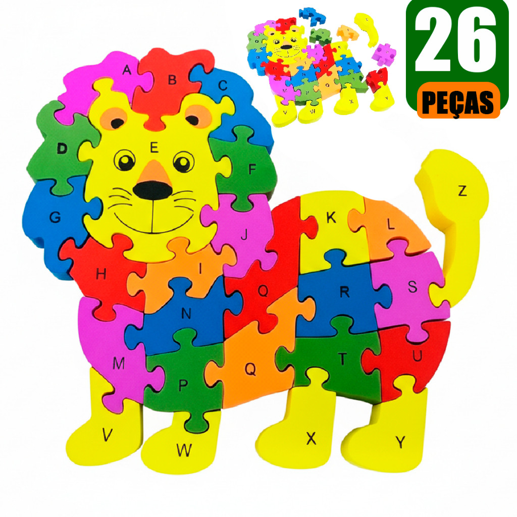 Quebra-Cabeça 3D de Madeira Leão Infantil Brinquedo Educativo Pedagógico Didático Criativo