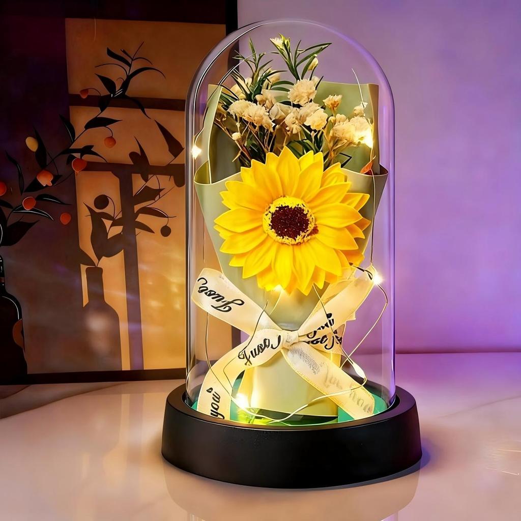 Rosa Encantada com Luz LED - Flor Eterna Decorativa em Cúpula de Acrílico Presente de aniversário para namorado