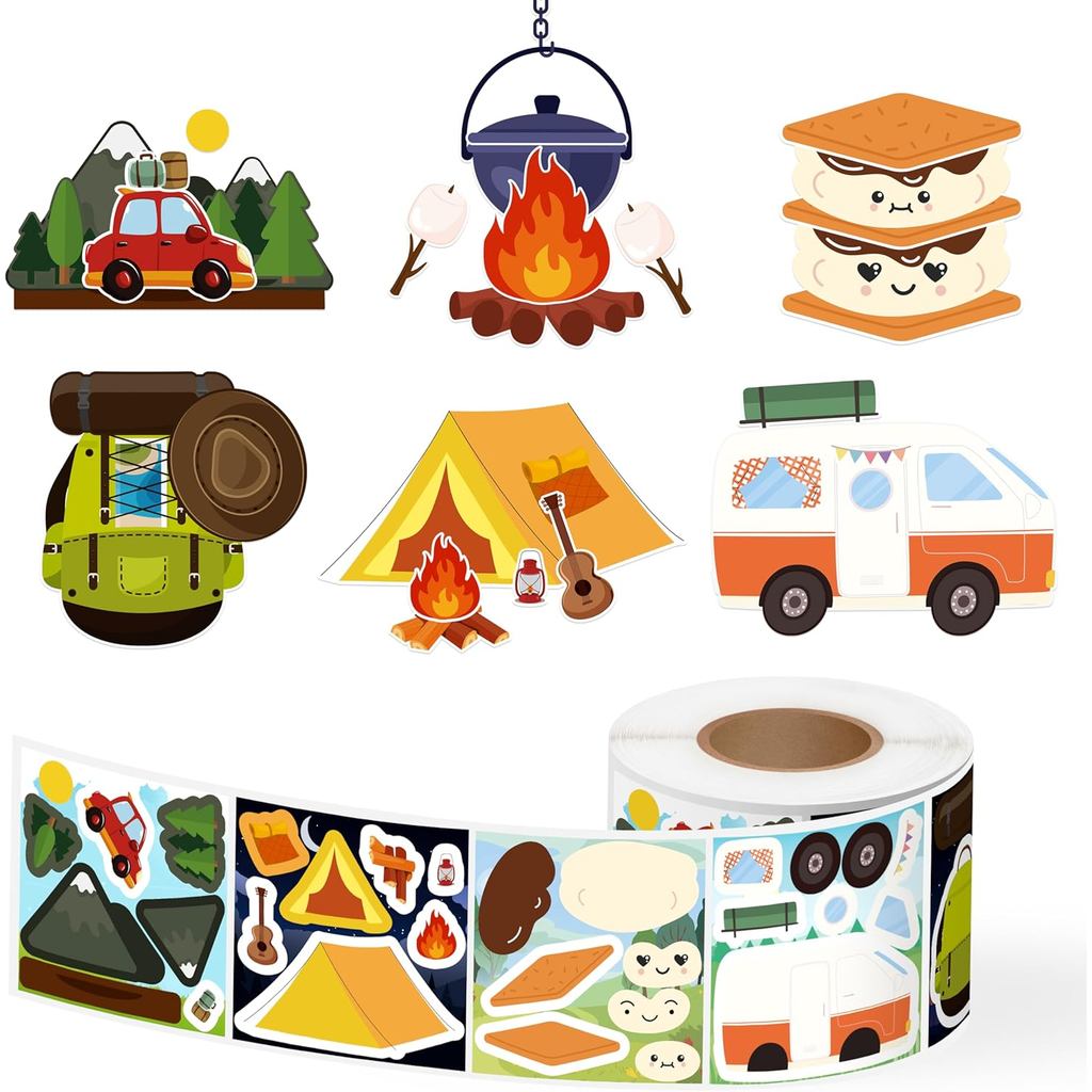 300 Adesivos para Fazer Caras de Camping em Rolo, Aventura ao Ar Livre, Crie Seus Próprios Adesivos, Campista Feliz, Via
