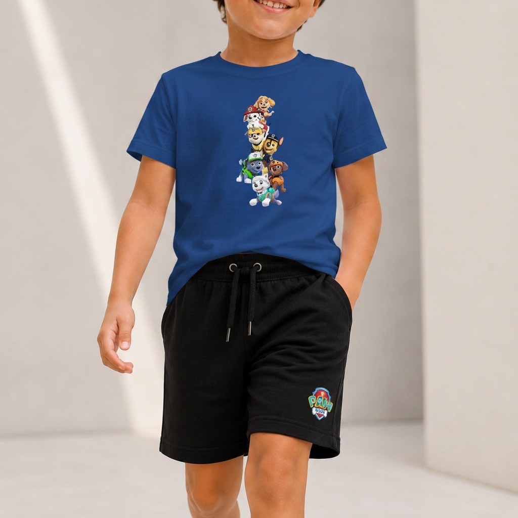 Kit Camiseta Infantil Menino Patrulha Canina Pilha de Filhotes e Bermuda Moletinho
