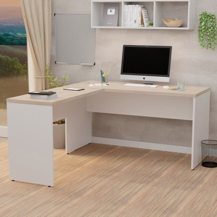 Escrivaninha Mesa Escritório em L Tampo 160cm Carvalho e Branco Bege Carvalho/Branco