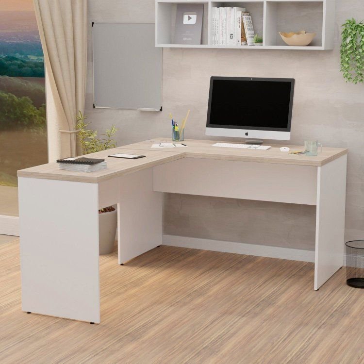 Escrivaninha Mesa Escritório em L Tampo 120cm Carvalho e Branco Bege Carvalho/Branco