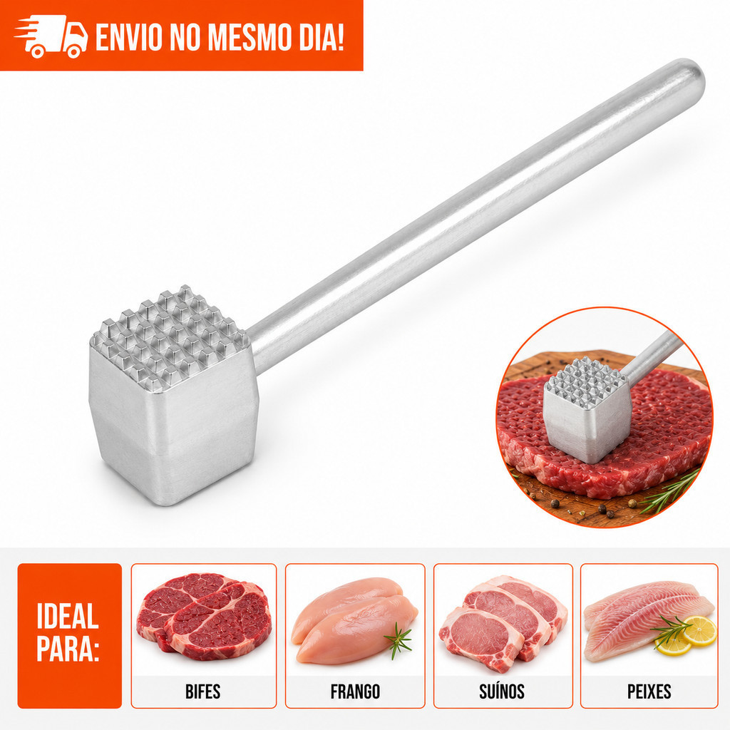 Martelo Amaciador de Carne em Alumínio Manual Batedor de Bife Cozinha Profissional e Doméstico