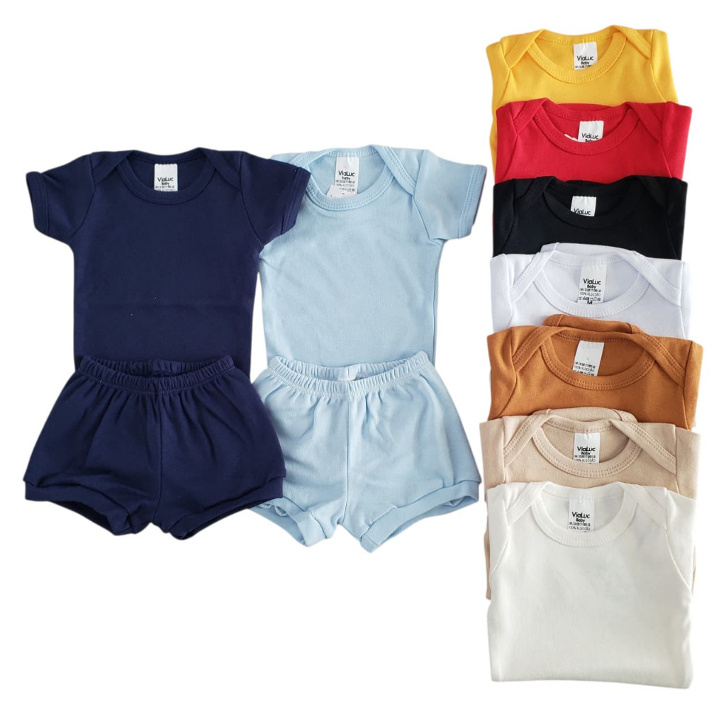 Kit 6 peças Conjunto Bebê 3 Body Manga Curta + 3 Short 100% Algodão sortidas Menino Menina Neutro