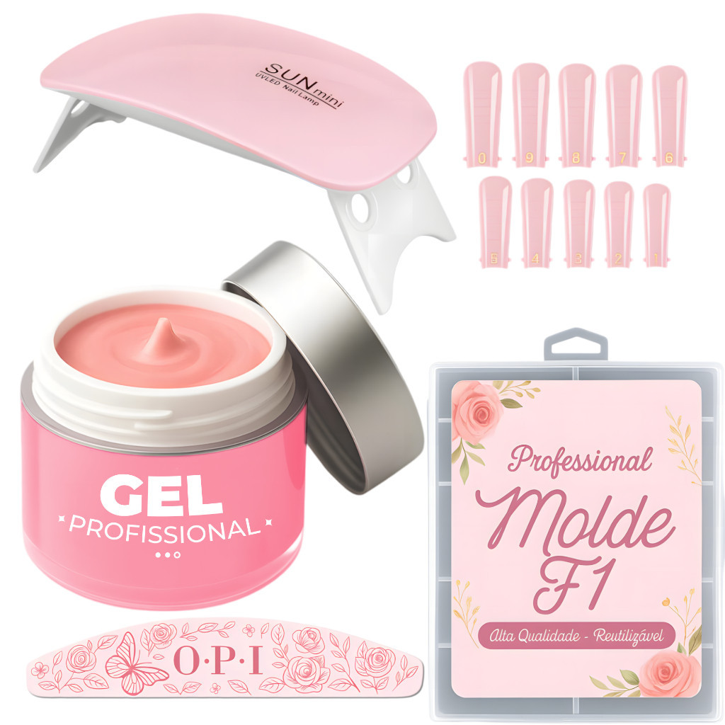 Kit UnhaGel Construtor Unhas Profissional - Molde F1 + Lixa100/180 + Cabine Sun Mini