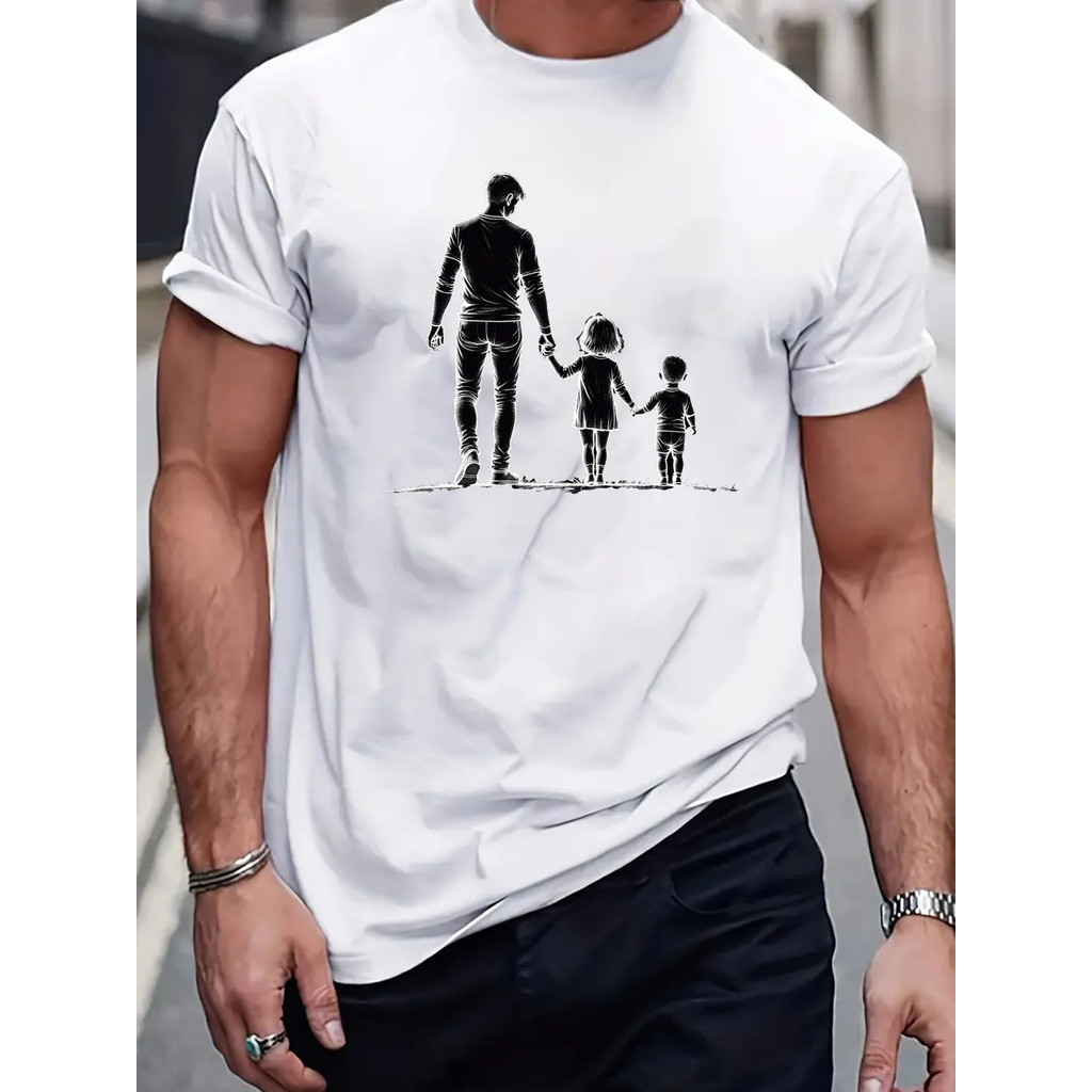 Camiseta Gola Redonda masculina 100% algodão, confortável, estilo esportivo, Estampa Dia dos Pais Andando com os Filhos
