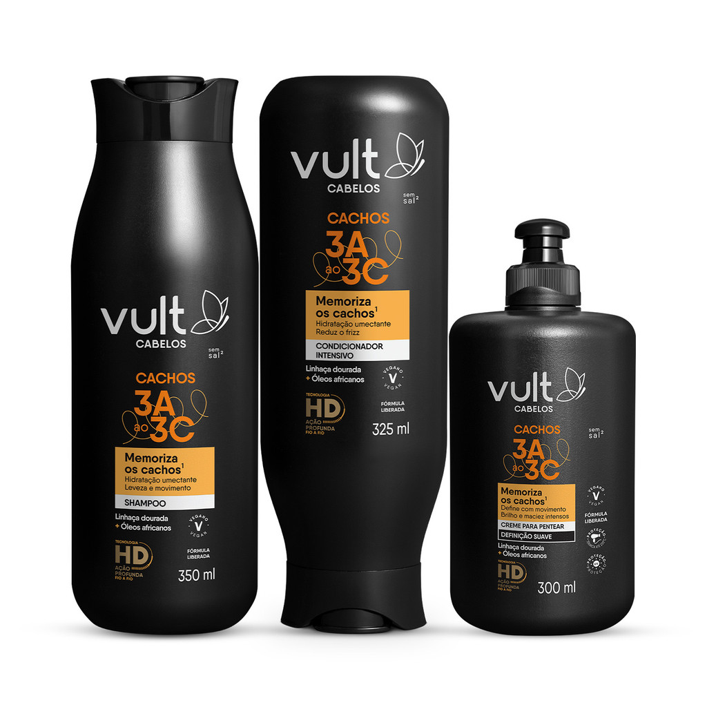 Kit Vult Cabelos Cacheados 3A a 3C Definição Suave (3 Produtos)