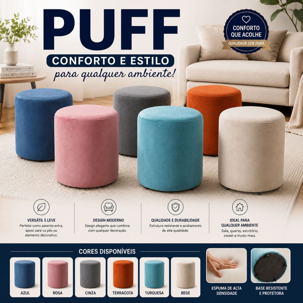 PUFF DECORATIVO REDONDO CAPACIDADE 150KG 34CMX30CM DE VELUDO
