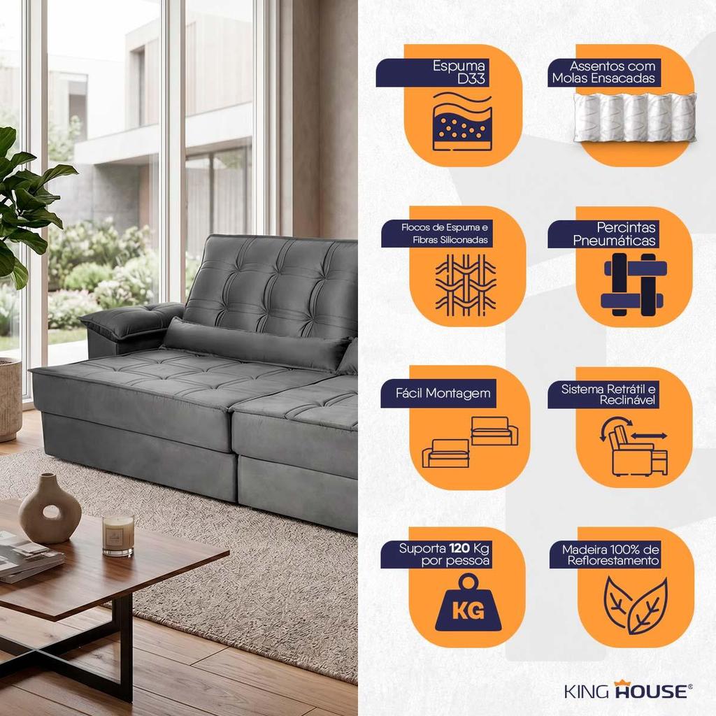 Sofá Retrátil Reclinável 3,00m Ascari Suede Velut Cinza molas Ensacadas - King House · foto 2