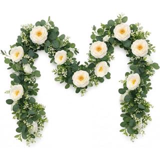 2 Peças de Guirlanda de Flores Artificiais de Eucalipto de 13 Pés com Rosas Brancas, Guirlandas de Folhagem Artificial, 