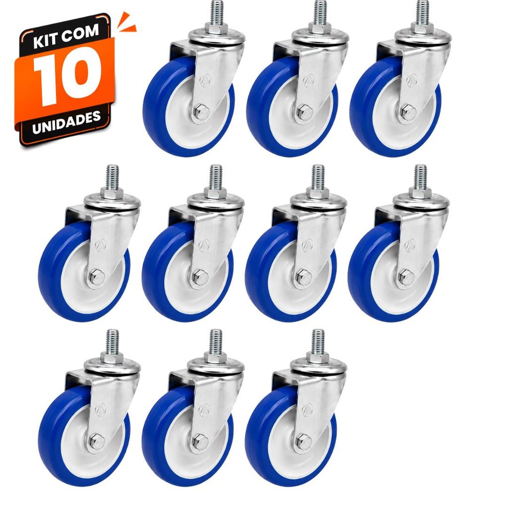 Kit 10 Rodas Rodinhas Giratórias Carrinho Supermercado Mercado Ajax Rosca 4" PVC Azul 100kg Alta Resistência Comercial