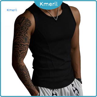 Sports Tank Top Breathable Exercise Men's Summer Ribbed O-neck Sleeveless Shirt Slim Fit Stretch Casual Gym T-shirt Soli
