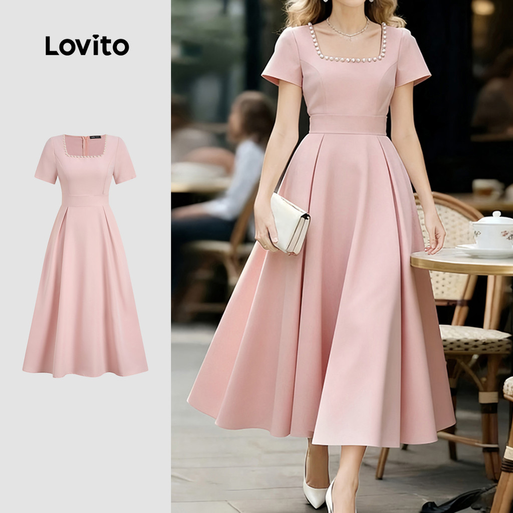 (New Arrival) Lovito Vestido Rosa Elegante Linha e Estilo Primavera/verão para m