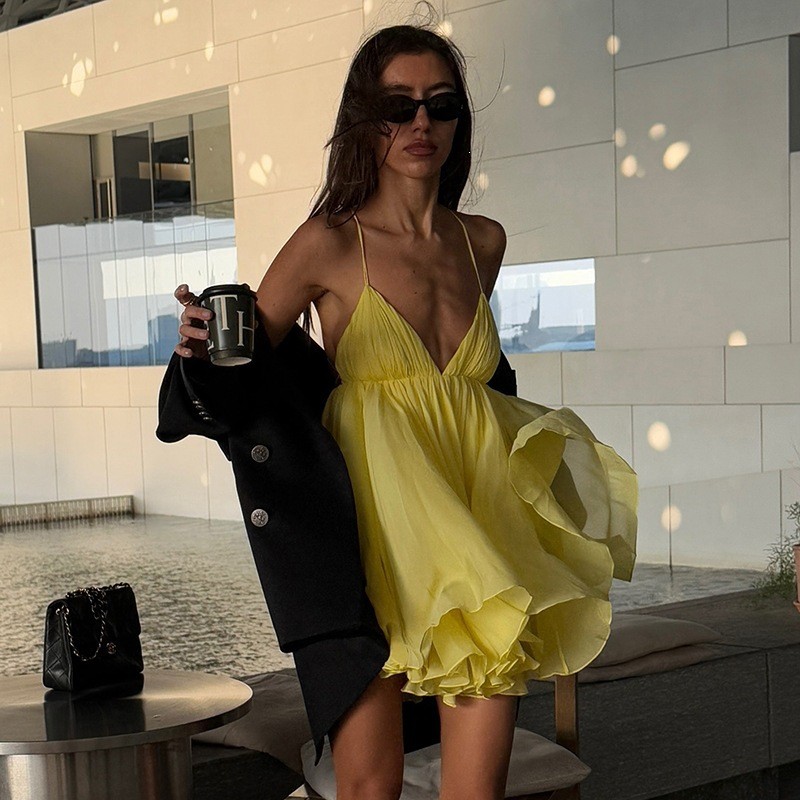 Vestido Feminino De Cor Sólida Slim Fit Cintura Alta Elegante Com Decote Em V E Suspensório Sem Costas
