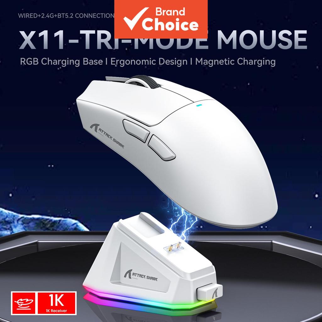 Mouse Gamer Attack Shark X11 59g Tri-Modo Ultraleve, Sensor Paw3311 RGB com Dock de Carregamento Magnético
