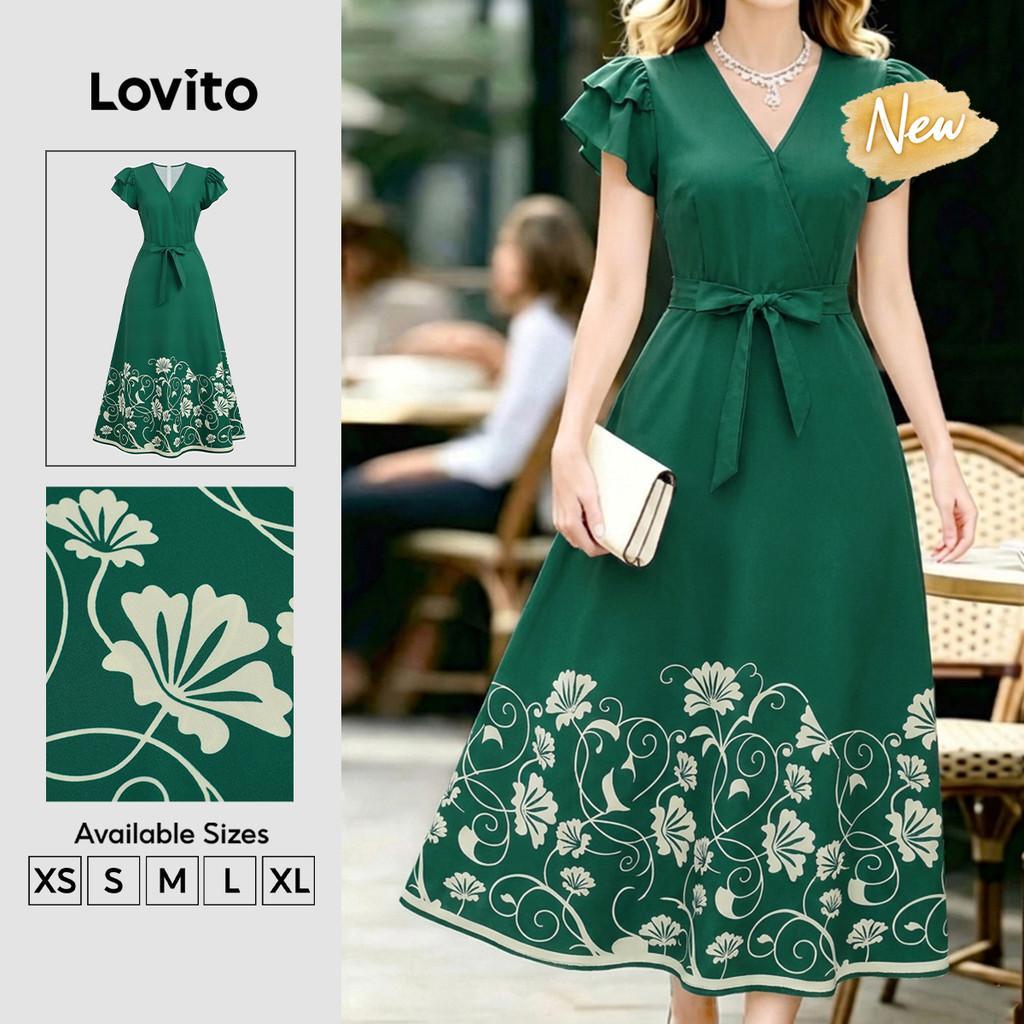 (New Arrival)Lovito Vestido Elegante com Flores e Renda com Babado Amarração Pri