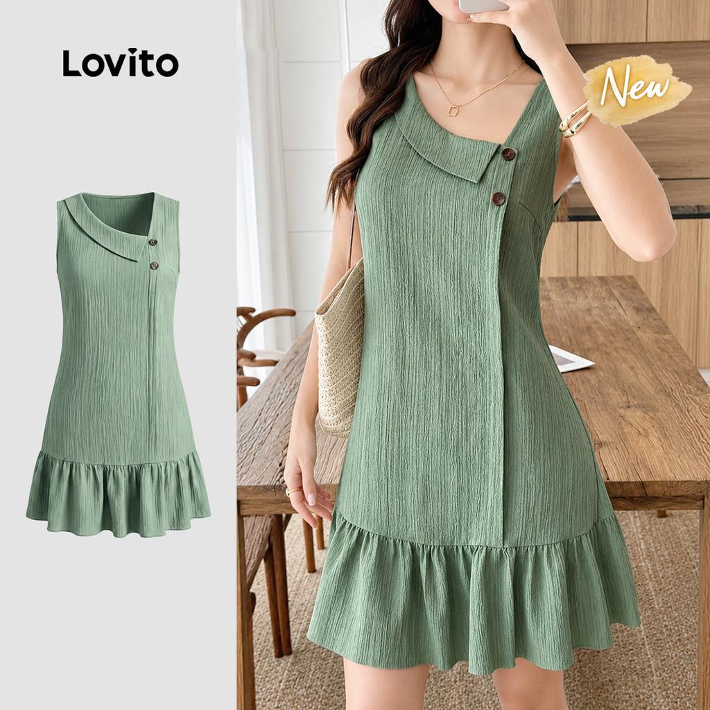 (New Arrival) Lovito Vestido Casual Verde Assimétrico com Botões para Mulheres p