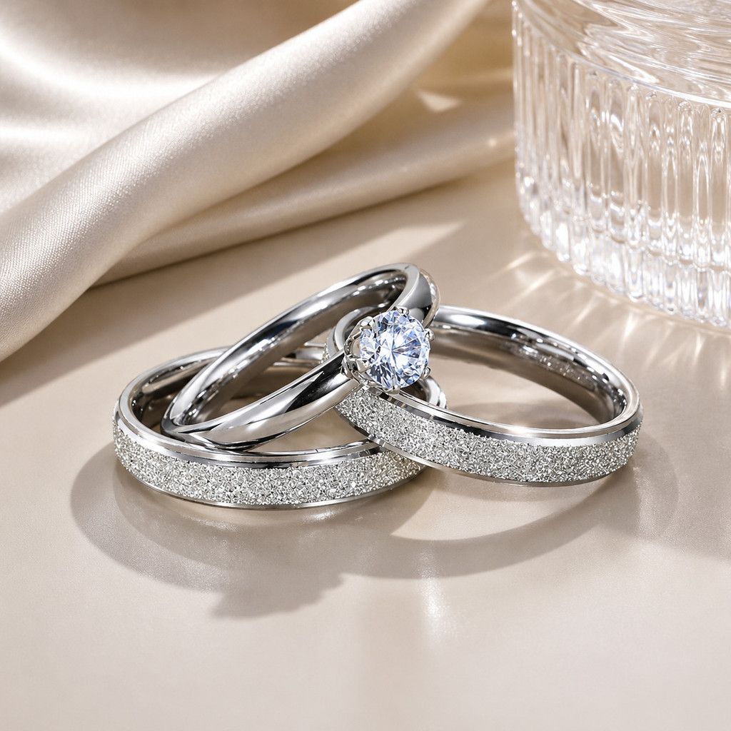 Kit 3 Anéis para Casal 4mm / Alianças de Namoro em Prata com Anel Solitário Elegante e Romântico