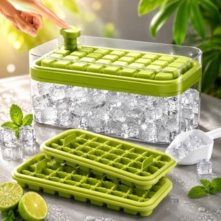 Forma de Gelo Pressão Dupla 64 Cubos | 2 Bandejas com Tampa e Caixa Armazenadora | Dispenser de Gelo para Freezer com Pá