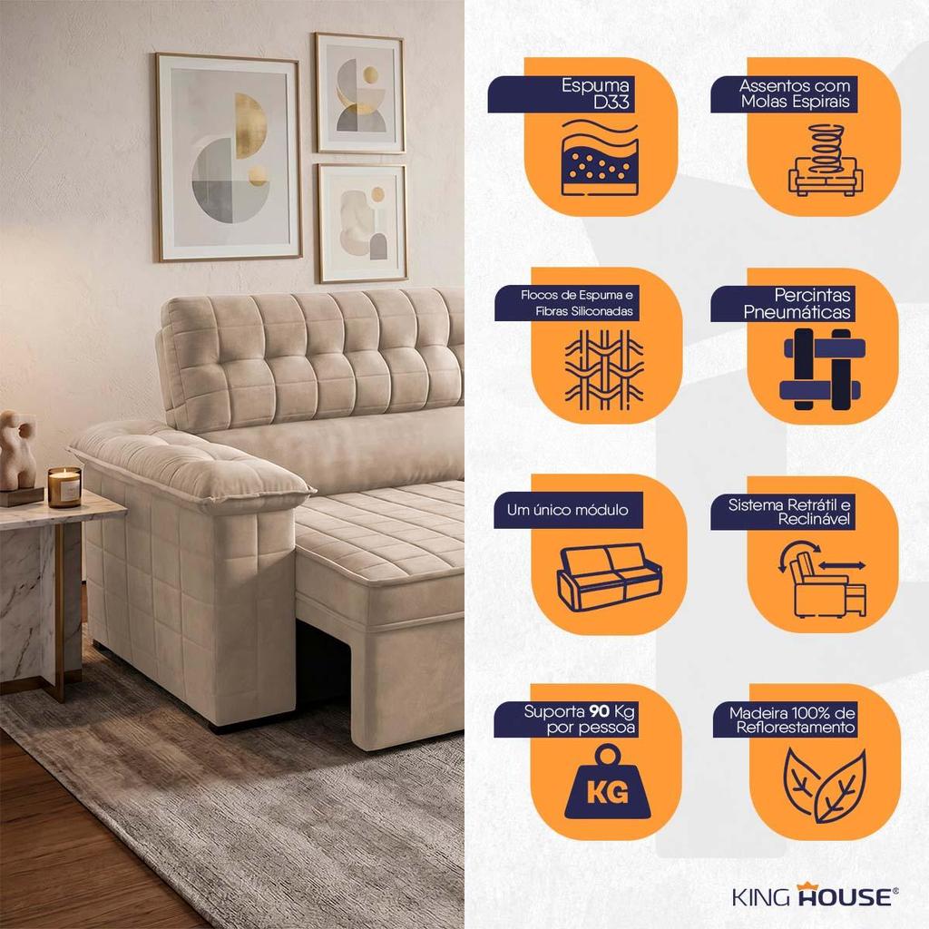 Sofá Retrátil Reclinável 2 lugares com molas 1,50m Quantum Suede Velut Bege - King House — imagem 2 de 2