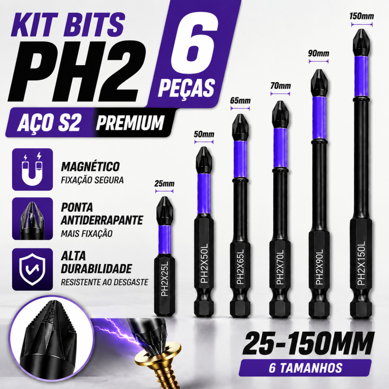 Kit 6 Bits Ph2 Philips Magnéticos Antiderrapantes, Resistentes A Impacto, Liga S2 Para Parafusadeira De Impacto