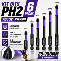 Kit 6 Bits Ph2 Philips Magnéticos Antiderrapantes, Resistentes A Impacto, Liga S2 Para Parafusadeira De Impacto