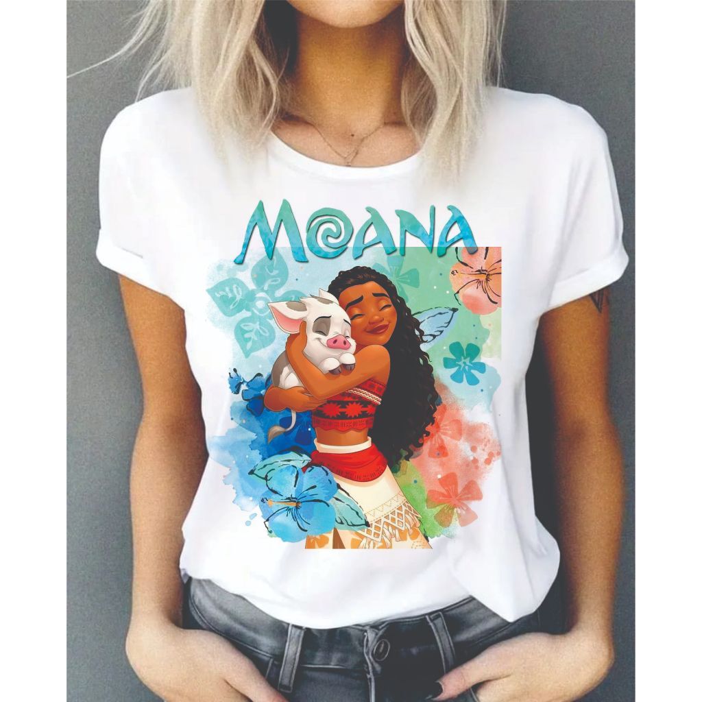 Camiseta Feminina Estampa Moana, Puá & Maui Desenho Streetwear Casual 100% Algodão Confortável Envio Rápido
