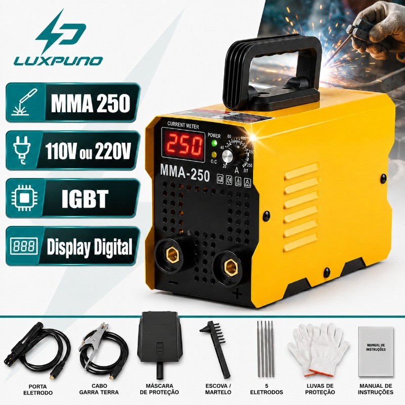 110V/220V Máquina de Solda Inversora MMA-250 IGBT Tecnologia  Profissional Portátil com Display Digital e Kit Completo