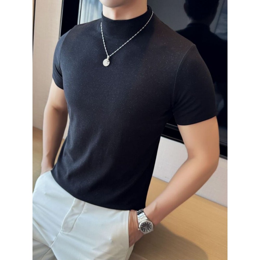 Gypsophila polvilhe pó meia gola alta de manga curta camiseta masculina outono novo estilo High-End magro @-