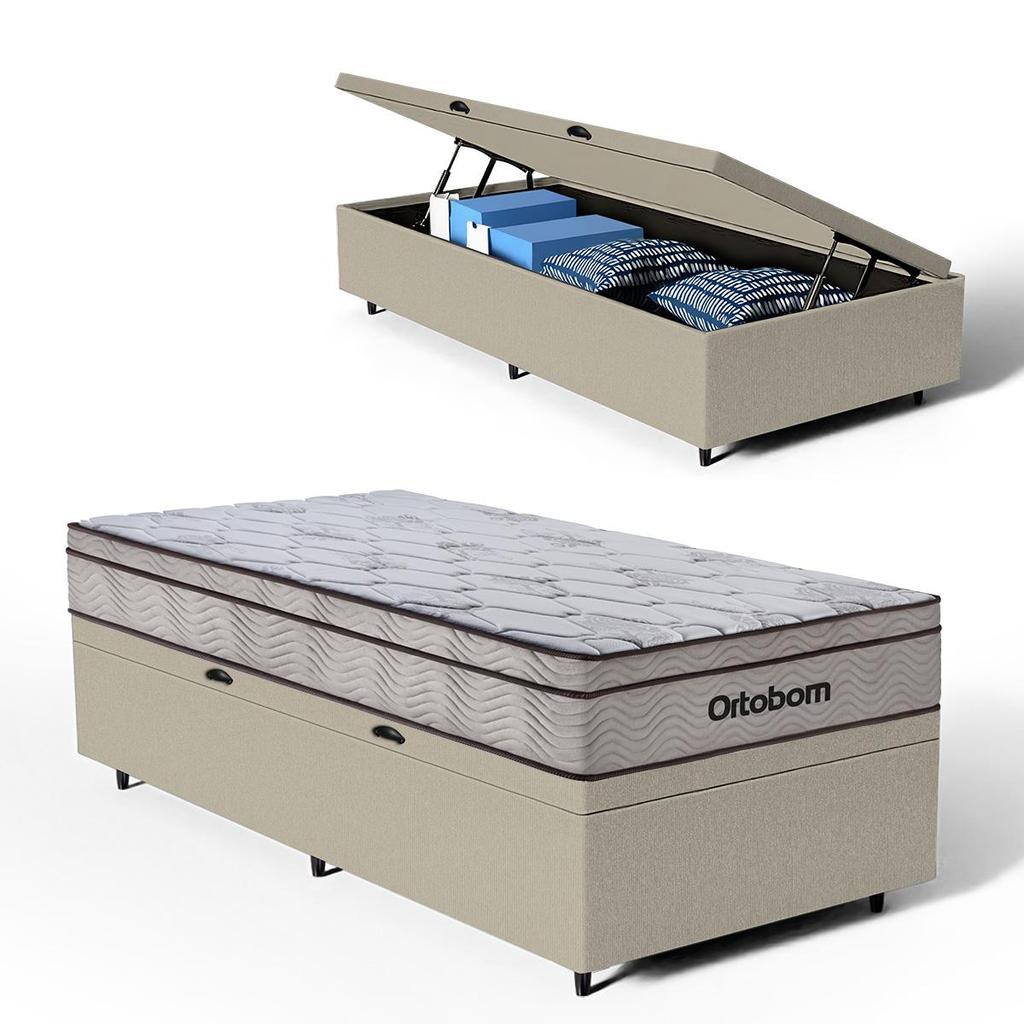 Cama Box Baú com Colchão Ortobom de Molas Ensacadas Pillow In Pro Vida Solteiro 88cm