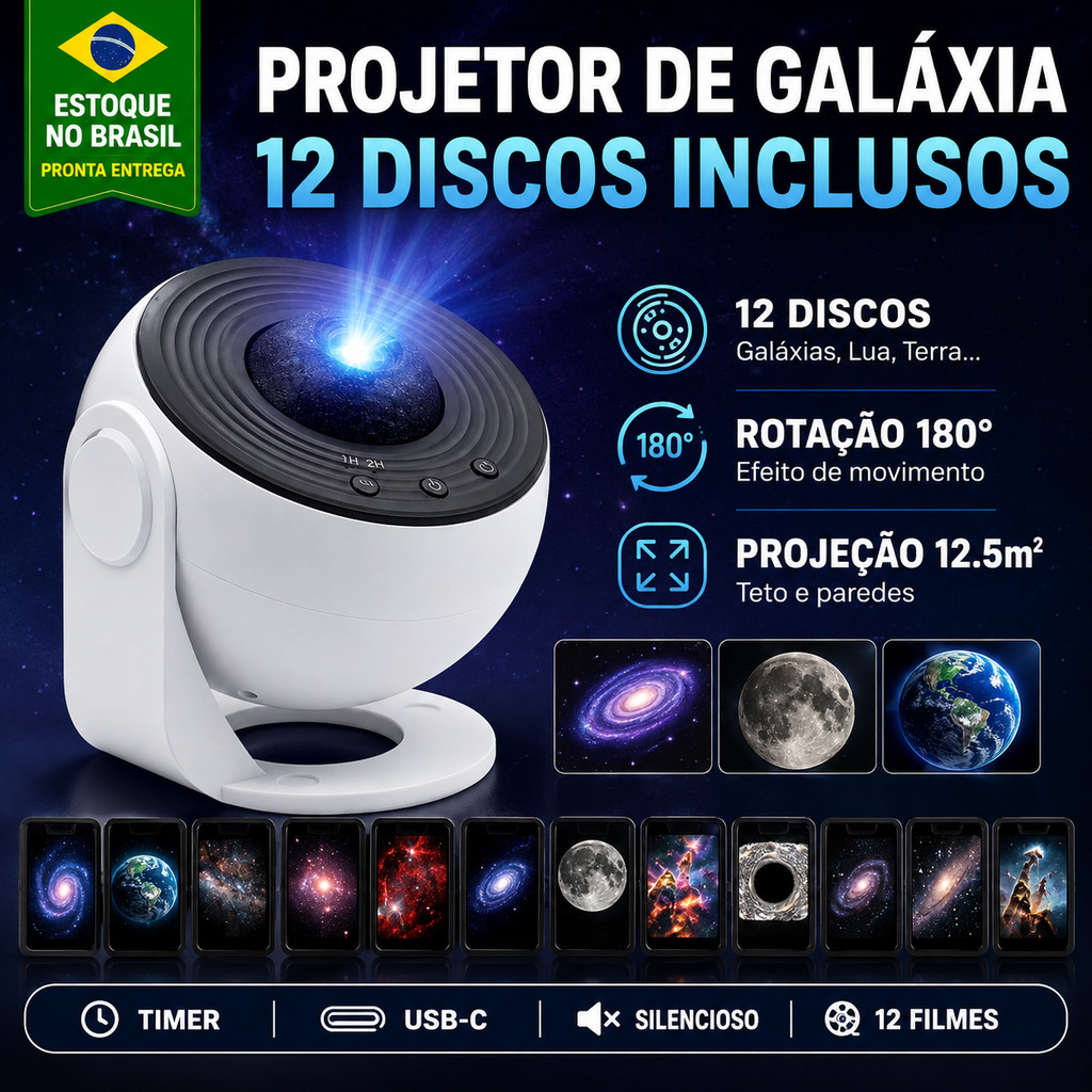 Projetor De Galaxia HD Luminaria Led 12 Discos Estrelas Foco Ajustavel Giratorio 360 Timer Teto Parede Quarto Bivolt