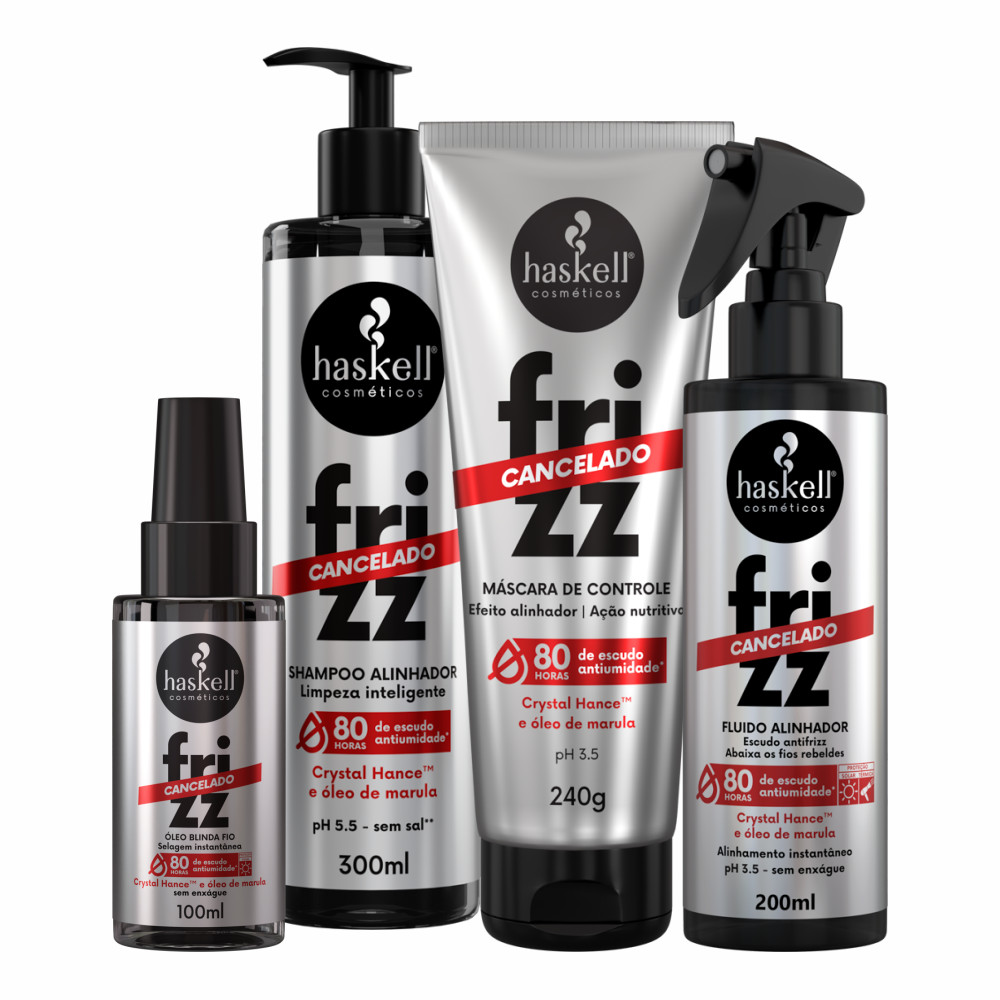 Kit Frizz Cancelado Haskell Nutrição – Shampoo, Máscara, Fluido e Óleo para cabelo Rotina Completa Antifrizz, 4 Itens