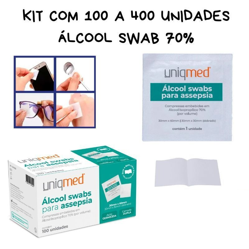 Álcool Swab 70% UniqMed kit com 100 a 400 Unidades
